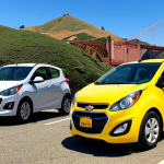 **

A split-screen image. On the left, a bright yellow Chevy Spark is parked on a sunny San Francisco street with the Golden Gate Bridge faintly visible in the background. The Spark has a playful, almost cartoonish vibe. On the right, a bolder, boxier Hyundai Casper in a dark green color is parked near a hiking trail entrance, perhaps in a scenic area outside of Denver, Colorado. The Casper looks ready for adventure.

**