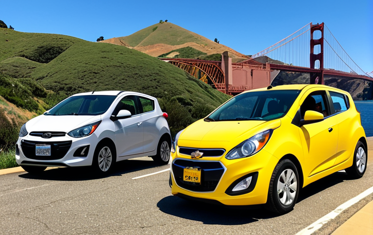 **
A split-screen image. On the left, a bright yellow Chevy Spark is parked on a sunny San Francisco street with the Golden Gate Bridge faintly visible in the background. The Spark has a playful, almost cartoonish vibe. On the right, a bolder, boxier Hyundai Casper in a dark green color is parked near a hiking trail entrance, perhaps in a scenic area outside of Denver, Colorado. The Casper looks ready for adventure.
**