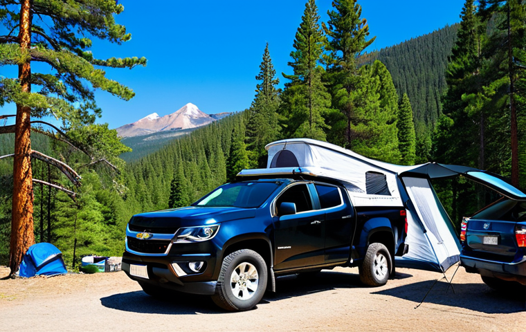 지엠 쉐보레 콜로라도 캠핑카 변환 사례 - **
"A Chevrolet Colorado with a roof top tent mounted on a bed rack, parked in a scenic mountain ca...