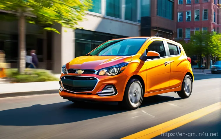 지엠 쉐보레 스파크 소형차 시장 점유율 - **A Vibrant Urban Commute with the Chevrolet Spark:**
    A bustling city street bathed in warm, lat...