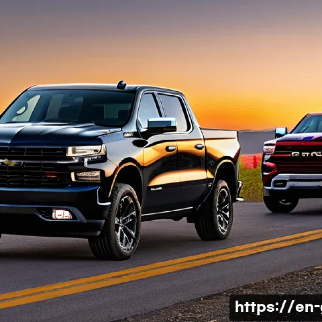 지엠 쉐보레 실버라도와 램 1500 비교 - A dynamic side-by-side scene of a Chevrolet Silverado 1500 and a Ram 1500 parked on a rugged mountai...
