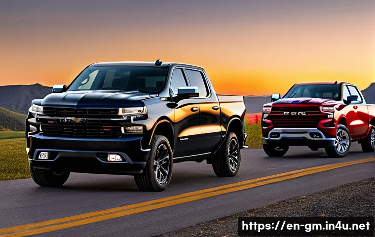 지엠 쉐보레 실버라도와 램 1500 비교 - A dynamic side-by-side scene of a Chevrolet Silverado 1500 and a Ram 1500 parked on a rugged mountai...