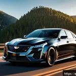 Home 18 지엠 캐딜락 CT5 V 블랙윙의 고성능 리뷰 - A sleek Cadillac CT5-V Blackwing in glossy black finish, captured from a low front angle showcasing ...