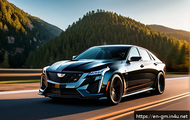 지엠 캐딜락 CT5 V 블랙윙의 고성능 리뷰 - A sleek Cadillac CT5-V Blackwing in glossy black finish, captured from a low front angle showcasing ...