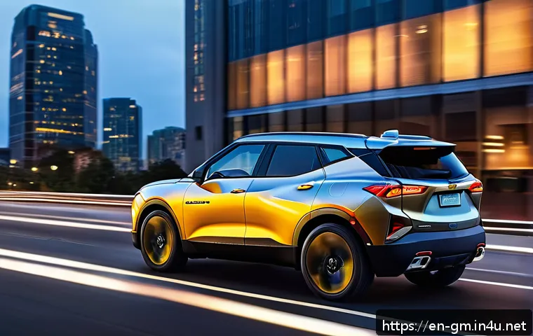 지엠 쉐보레 블레이저 EV와 볼보 XC60 비교 - A sleek Chevrolet Blazer EV speeding along a modern city highway at dusk, showcasing its futuristic ...