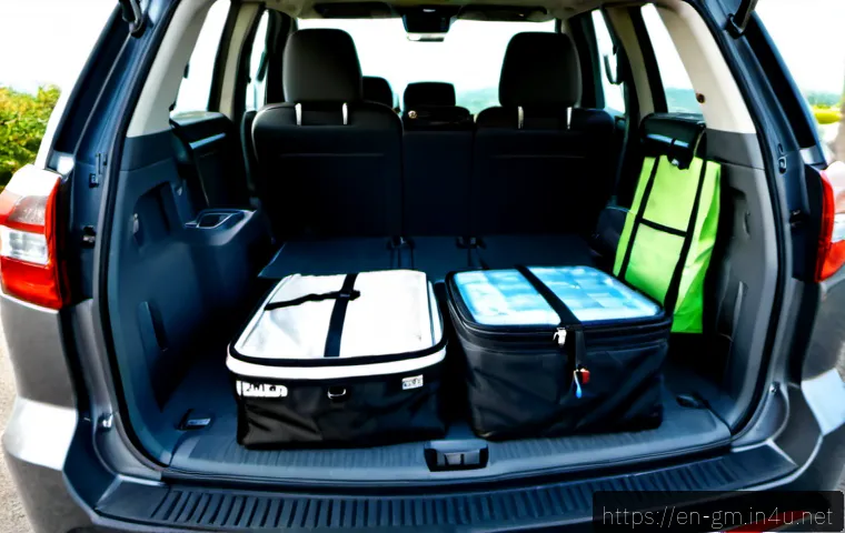 지엠 쉐보레 트래버스의 실내 공간 활용 - Photorealistic wide-angle view of a modern three-row midsize SUV interior from the open rear hatch, ...