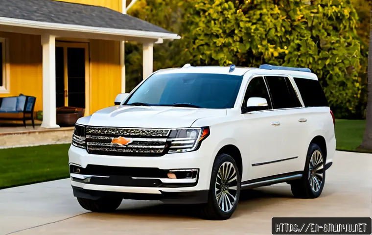 Home 17 지엠 GMC 유콘과 포드 익스페디션 비교 - Photorealistic side-by-side comparison of two full-size American three-row SUVs parked in a clean su...